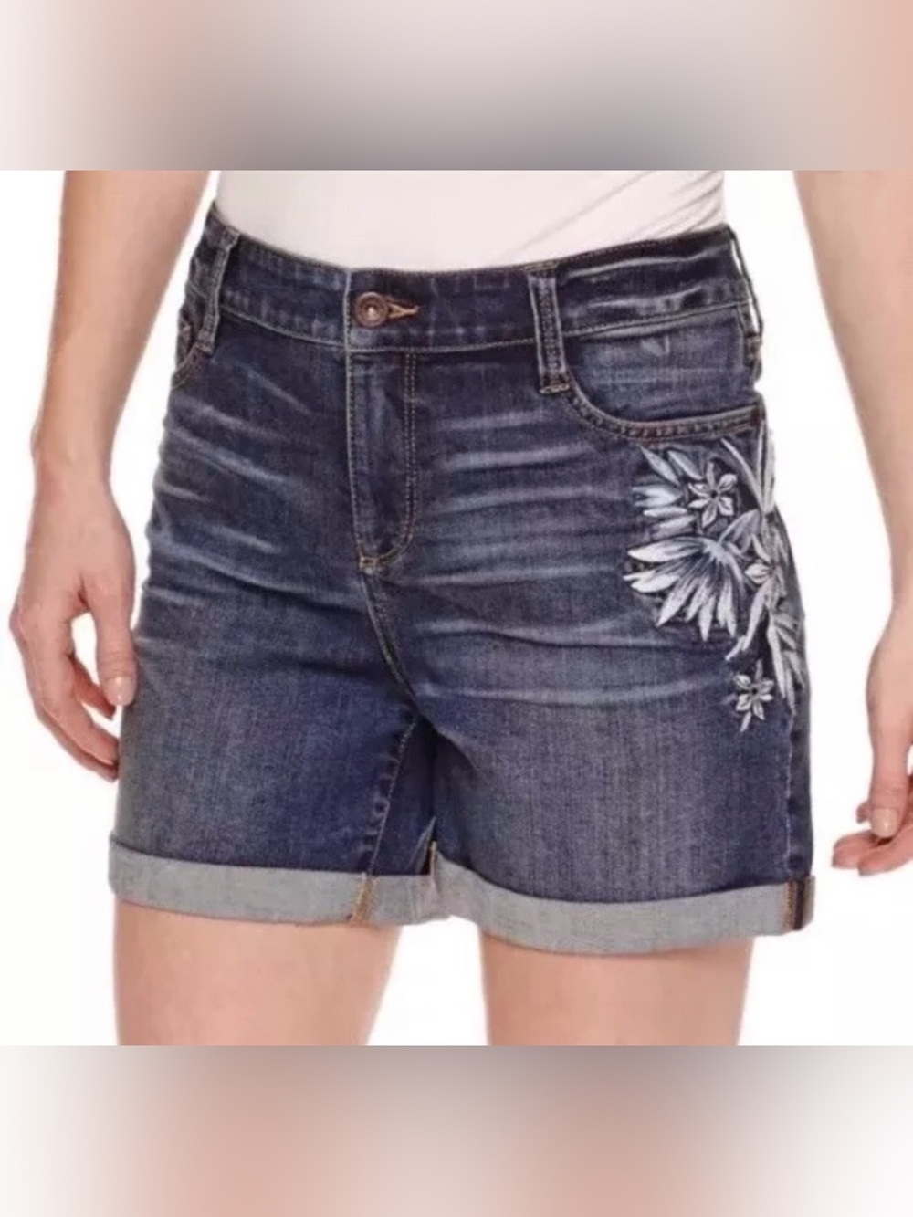 St. John's Bay Blue Denim Shorts with White Floral Embroidery